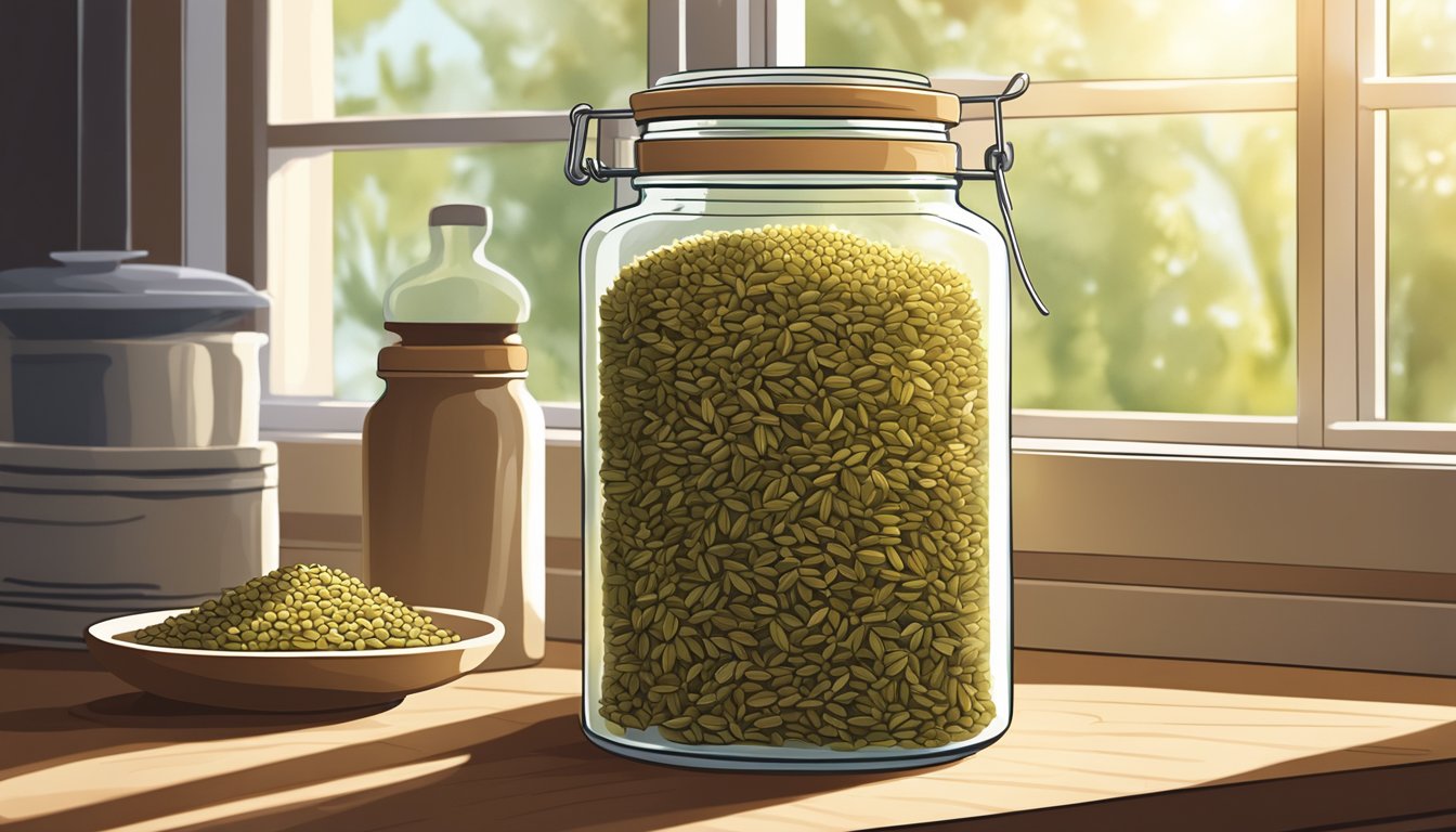 A glass jar filled with fennel seeds sits on a wooden shelf, bathed in warm sunlight filtering through a kitchen window