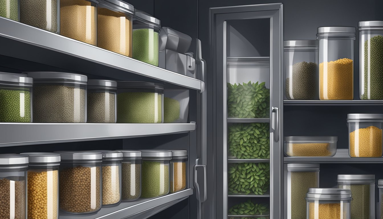 Hemp seeds stored in airtight container with silica packets in a cool, dark pantry