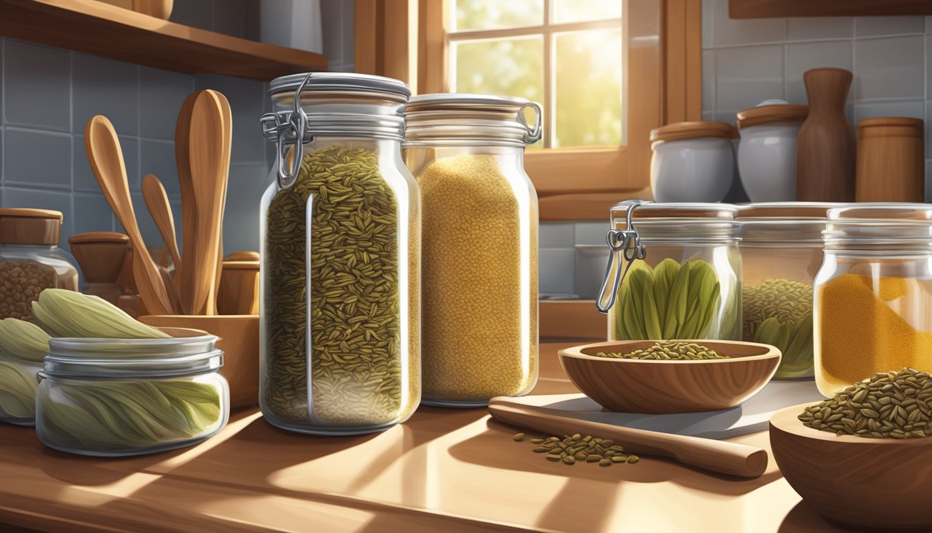 A jar of fennel seeds sits on a kitchen counter, surrounded by various spices and cooking utensils. The warm glow of the afternoon sun streams through the window, casting a soft shadow on the countertop