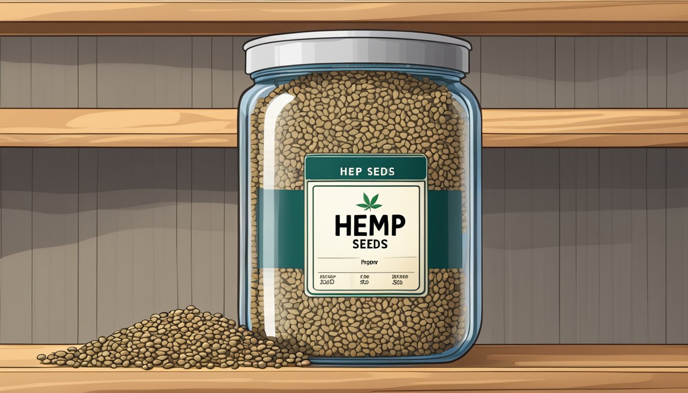 A sealed glass jar of hemp seeds on a pantry shelf, with a best-by date clearly visible on the label