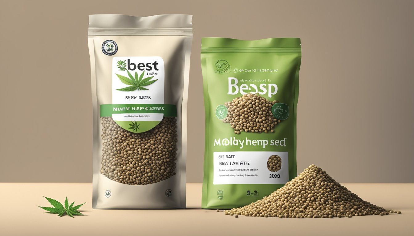 A pile of moldy hemp seeds next to a "best by" date on a package