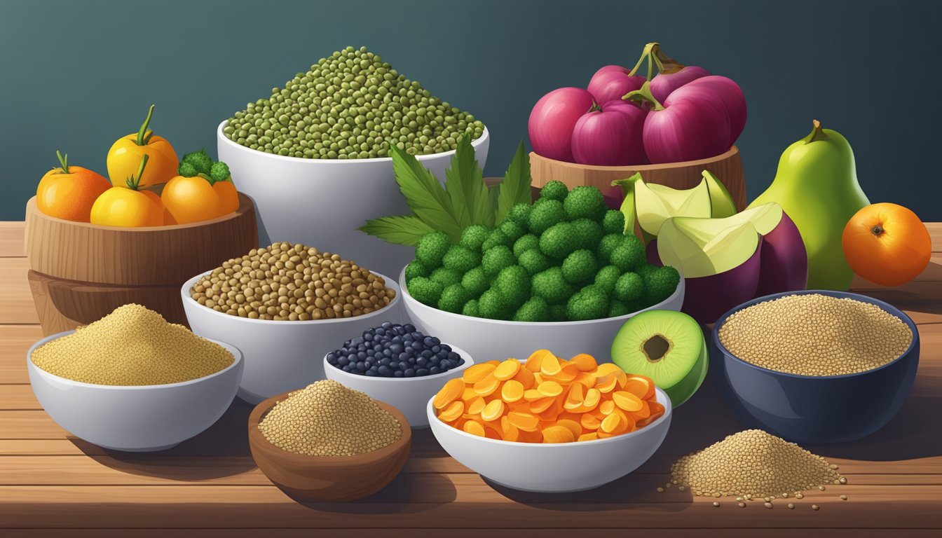 A colorful array of superfoods, including hemp seeds, sit in separate piles on a wooden table, surrounded by vibrant fruits and vegetables