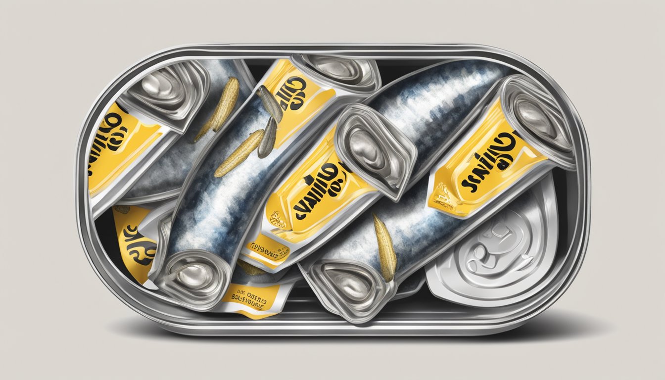 A can of sardines with a partially peeled lid, surrounded by question marks and an expiration date