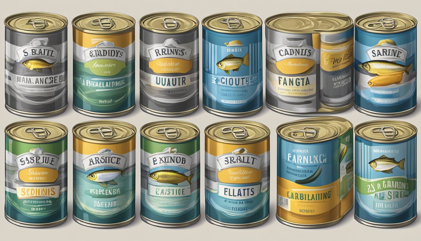 A row of canned sardines on a shelf, with varying expiration dates and labels