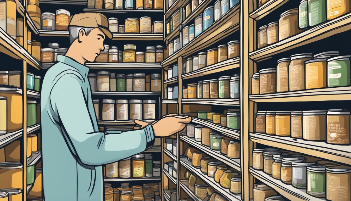 A pantry shelf with expired canned mushrooms, surrounded by warning labels and a concerned person checking the expiration date