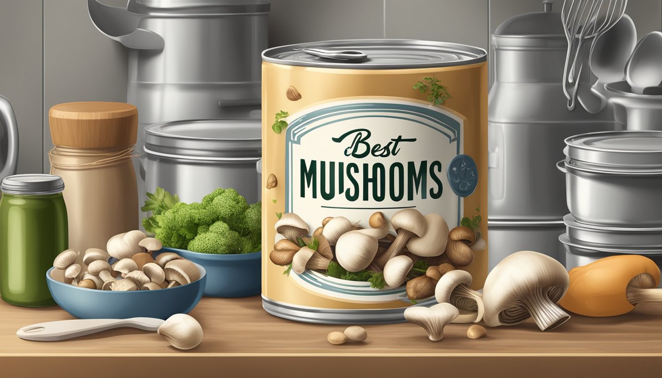 A can of mushrooms with a "best by" date on the label, surrounded by various cooking utensils and ingredients on a kitchen counter