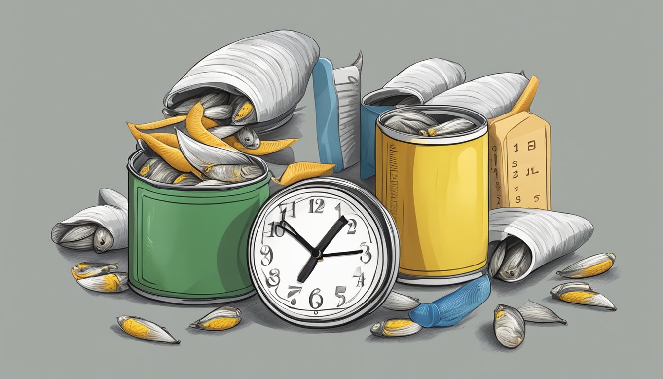 A can of sardines surrounded by a calendar, a clock, and a sniffing nose