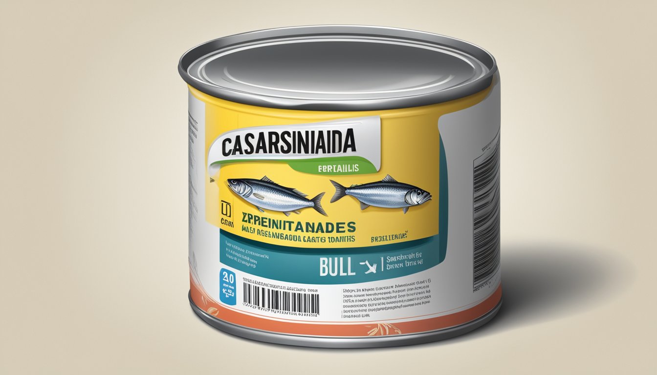 A can of sardines with a bulging and dented lid, surrounded by a warning label and a list of expiration dates