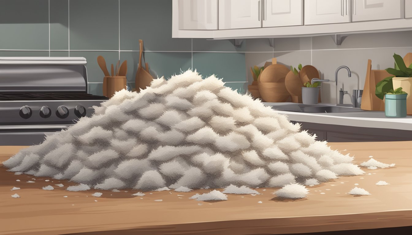 A pile of dried coconut with visible signs of spoilage, such as mold or discoloration, sitting on a kitchen counter