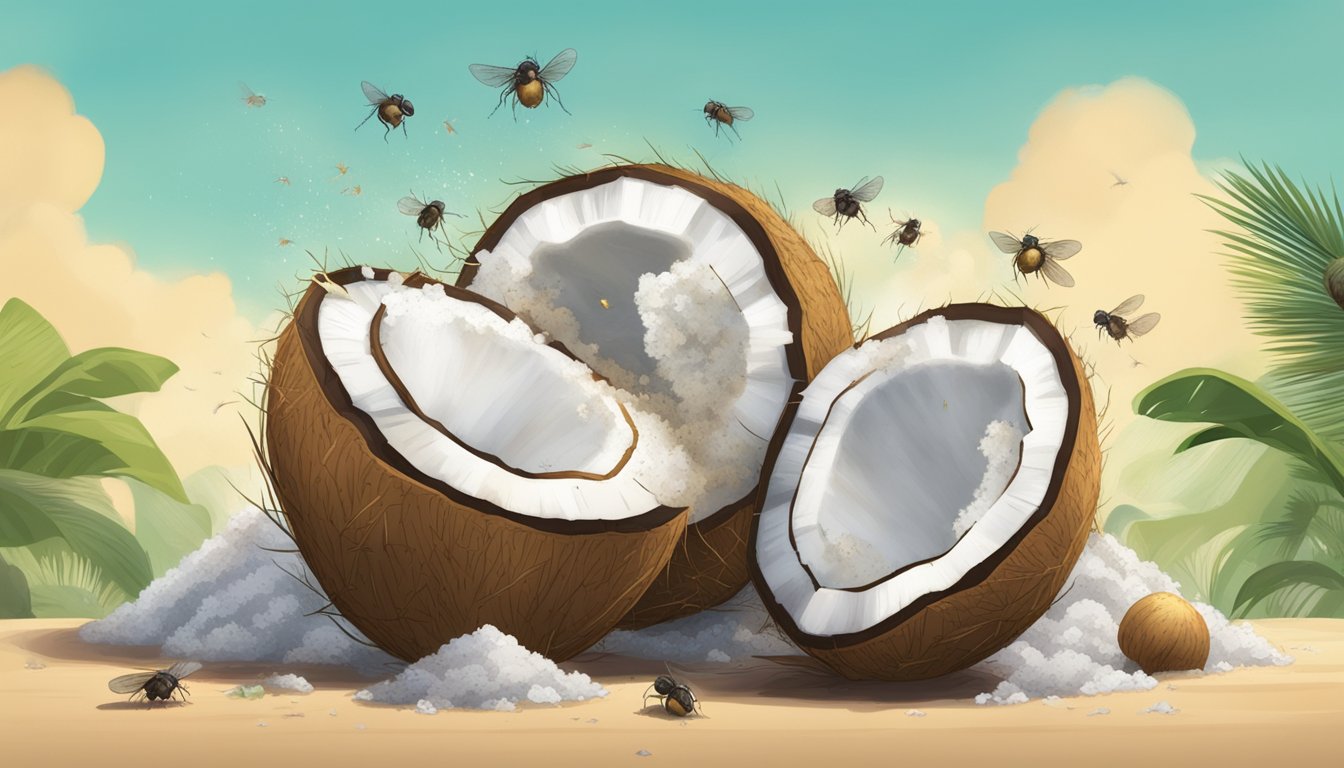 A pile of spoiled, moldy coconuts surrounded by flies and emitting a foul odor