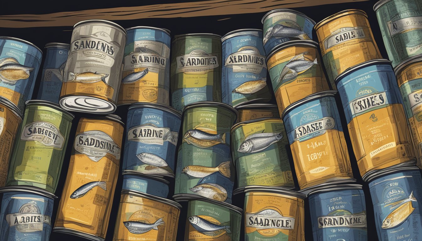 A variety of canned sardines with different expiration dates, some rusted and dented, sit on a shelf in a dimly lit pantry