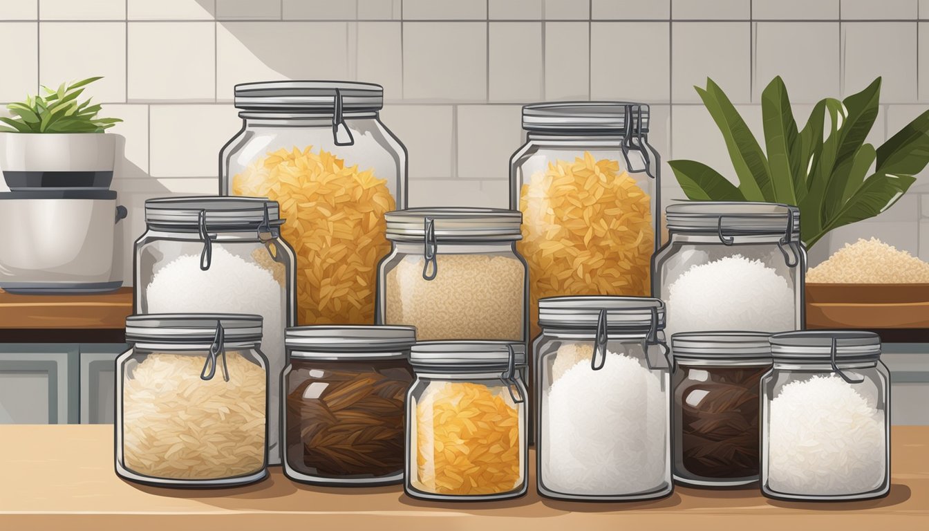 A kitchen counter with a variety of dried coconut products, including shredded, flaked, and desiccated coconut, arranged in decorative glass jars and bowls