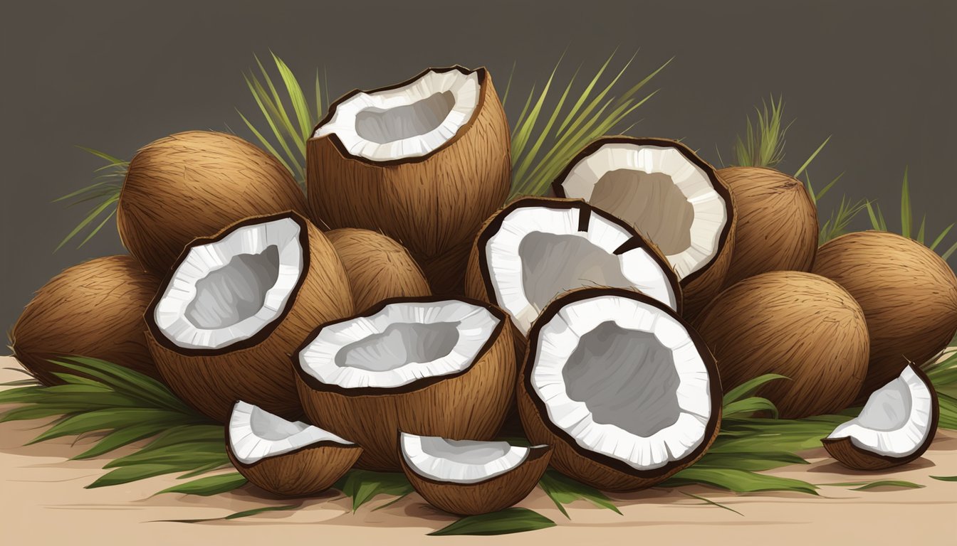 A pile of dried coconut with mold growing on it