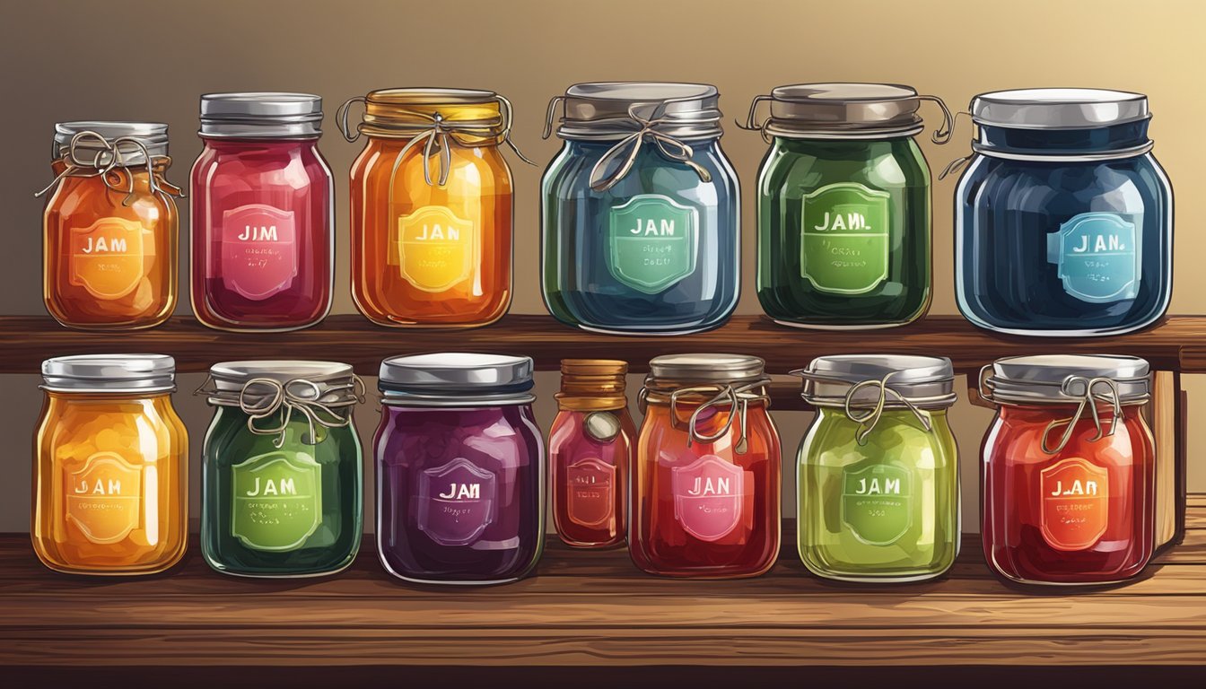 A colorful array of various jam jars, some open and half-empty, others sealed and neatly labeled, displayed on a rustic wooden table