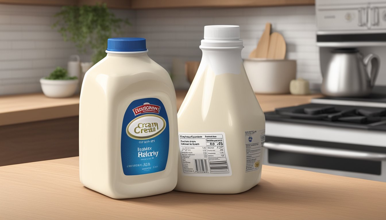 A carton of heavy cream sits on a kitchen counter, next to a date label. The cream appears to be curdled and separated, indicating that it has gone bad