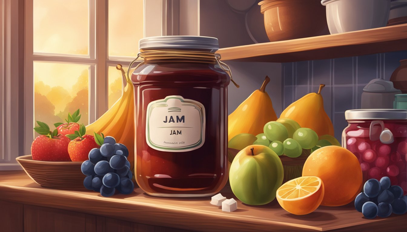 A jar of jam sits on a kitchen shelf, surrounded by various fruits and sugar. The lighting is warm and inviting, creating a cozy atmosphere