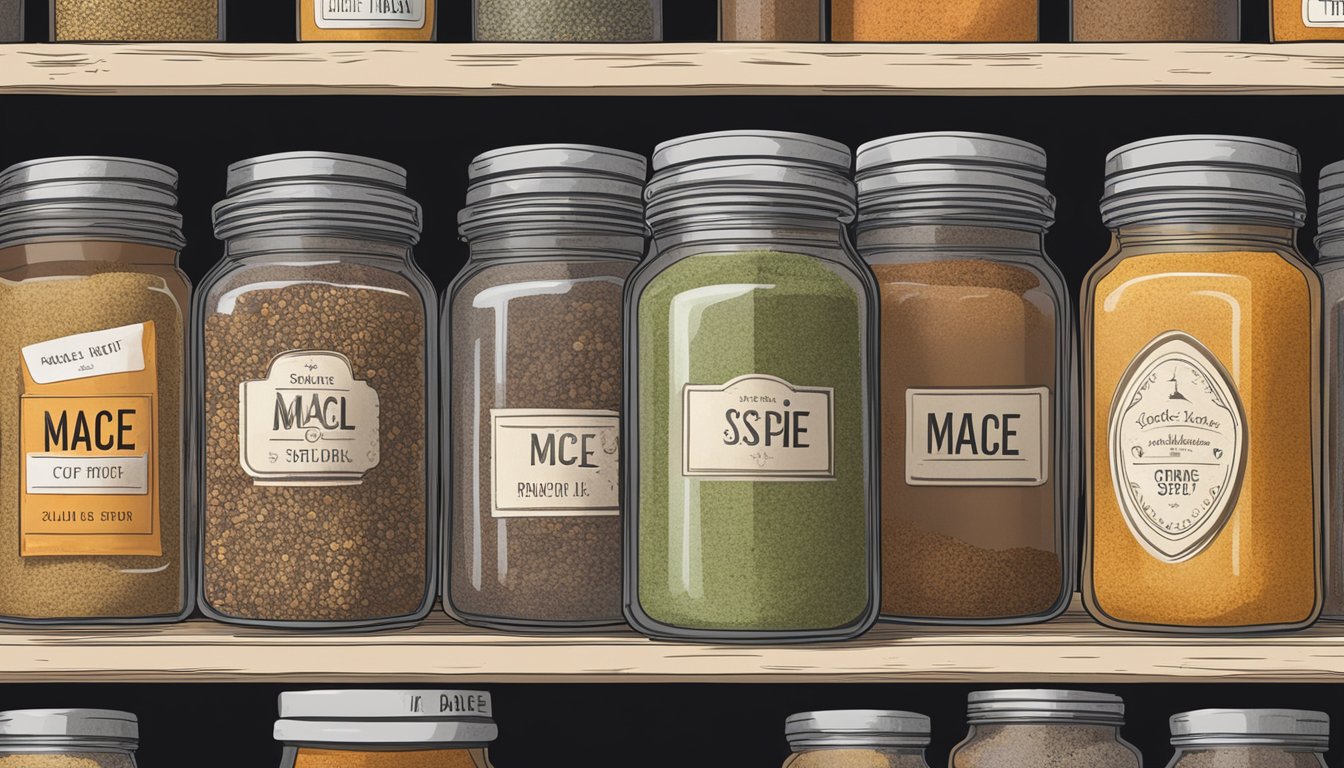 A jar of mace spice sits on a cluttered shelf, surrounded by other spices. The label is faded, suggesting it has been there for a long time