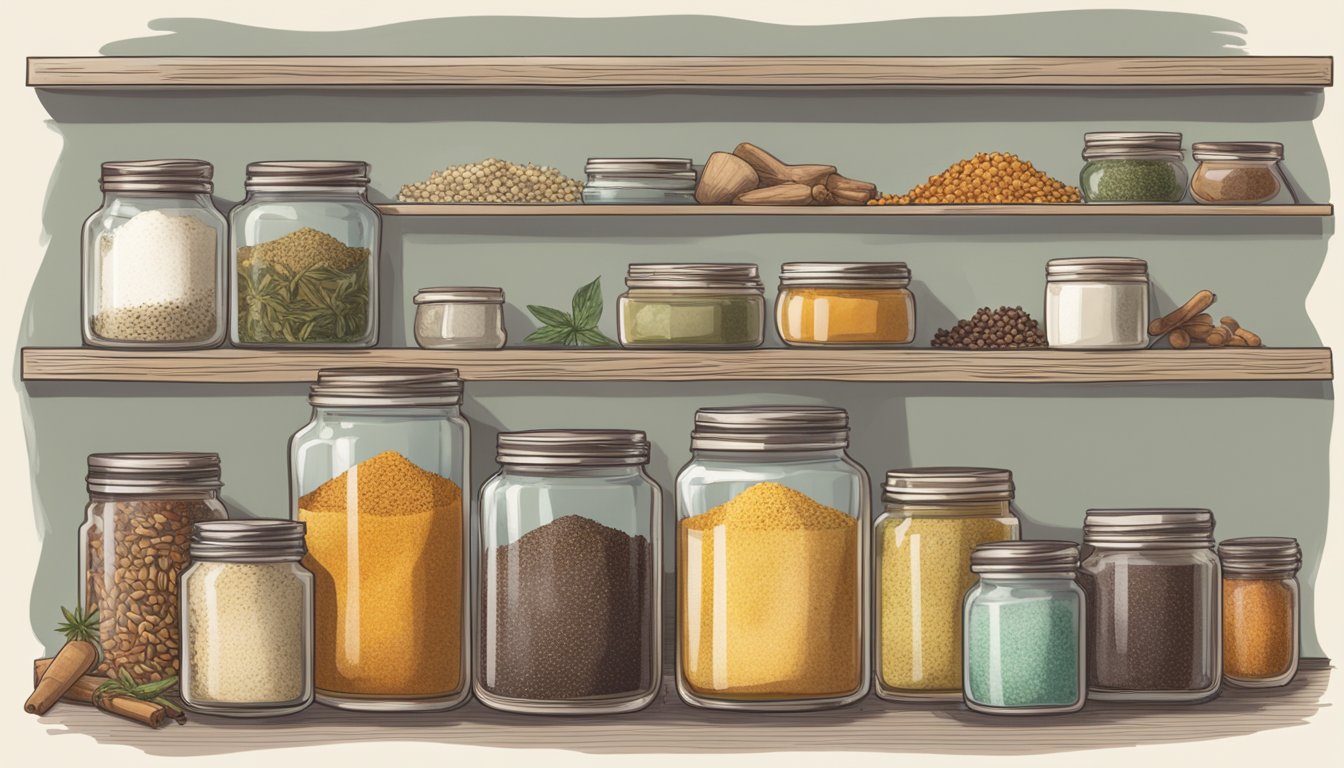 A jar of mace sits on a kitchen shelf, surrounded by other spices. The label is faded, and the contents appear slightly clumped together