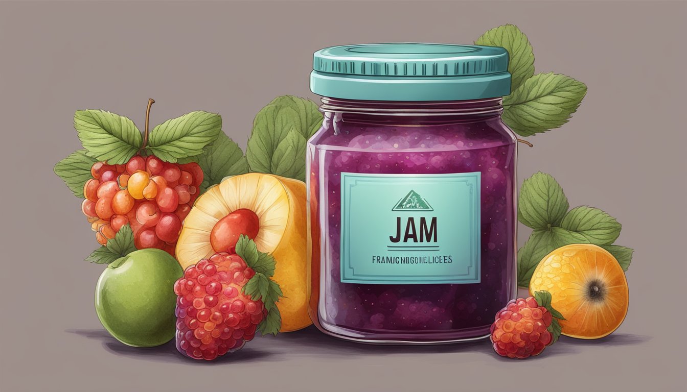 A jar of jam with mold growing on the surface, surrounded by fruit flies