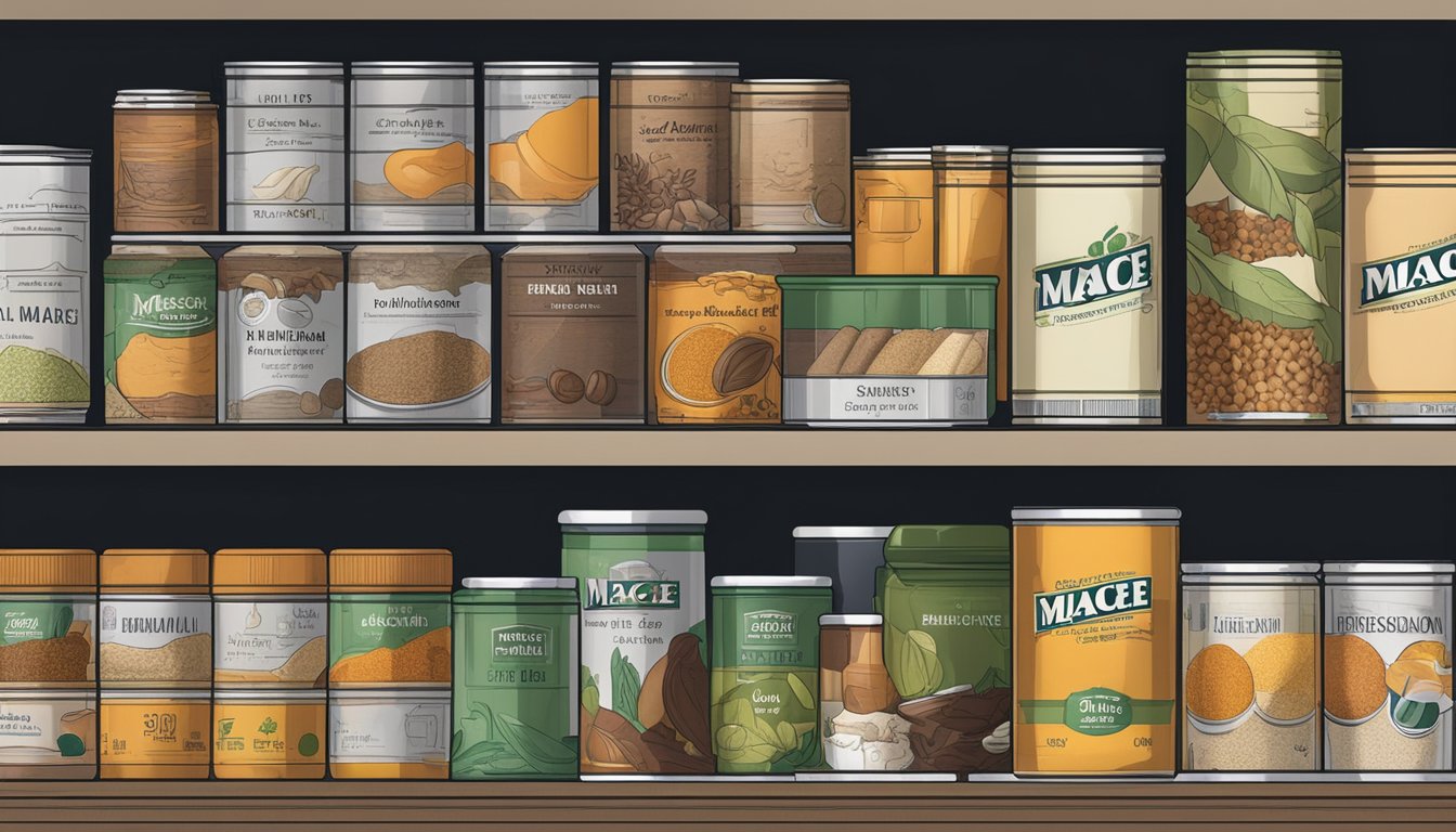 A can of mace sits next to a variety of spices on a cluttered shelf, with expiration dates visible on some of the containers