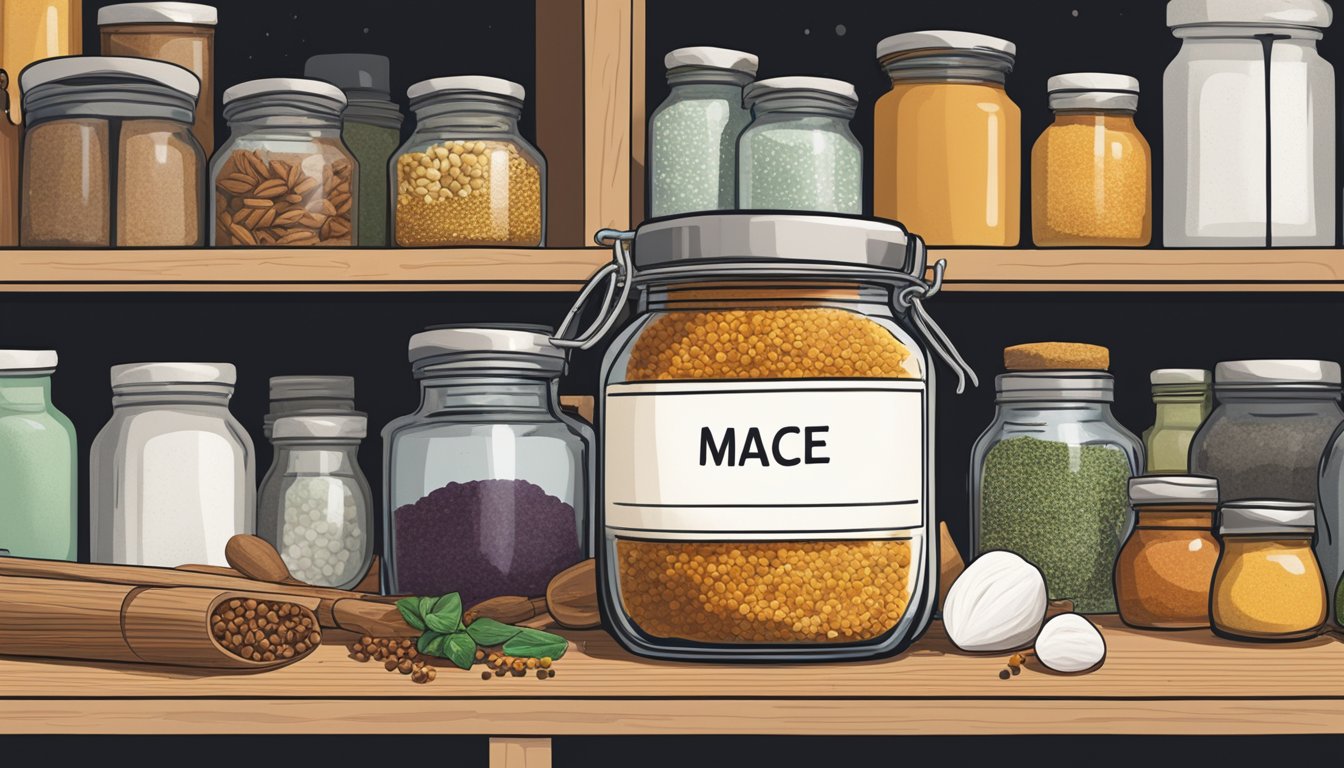 A glass jar of mace sits on a pantry shelf next to other spices. The label indicates the expiration date, and a hand reaches for the jar