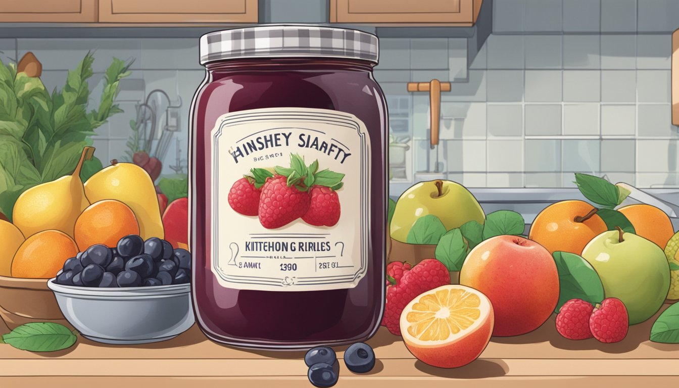 A jar of jam sits on a kitchen counter, surrounded by fresh fruit and a food safety guide. The jar's label is faded, hinting at its age