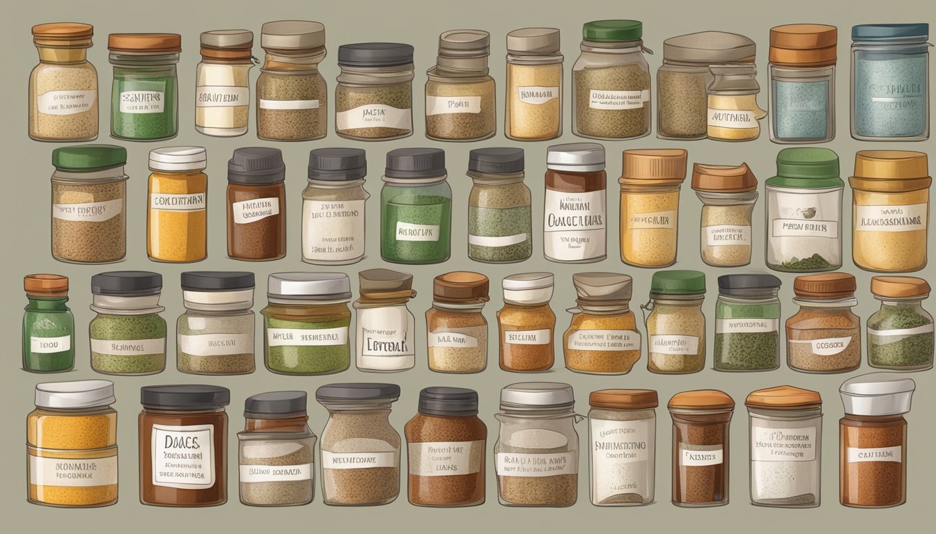 A collection of various spice containers, some labeled with expiration dates, others showing signs of aging and deterioration