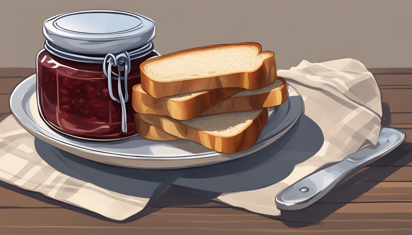 A jar of jam being opened and spread on toast, with a slice of bread next to it