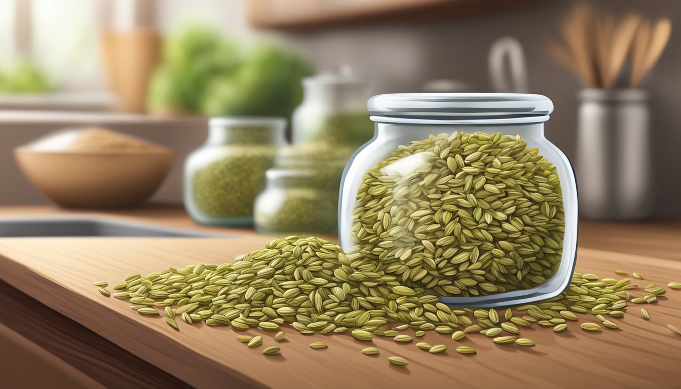 A clear glass jar filled with fennel seeds, sitting on a wooden kitchen counter next to a small pile of spilled seeds