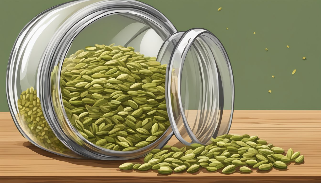 A clear glass jar filled with aromatic fennel seeds, with some seeds spilling out onto a wooden cutting board. The seeds are plump, uniform in color, and emit a strong, fresh scent