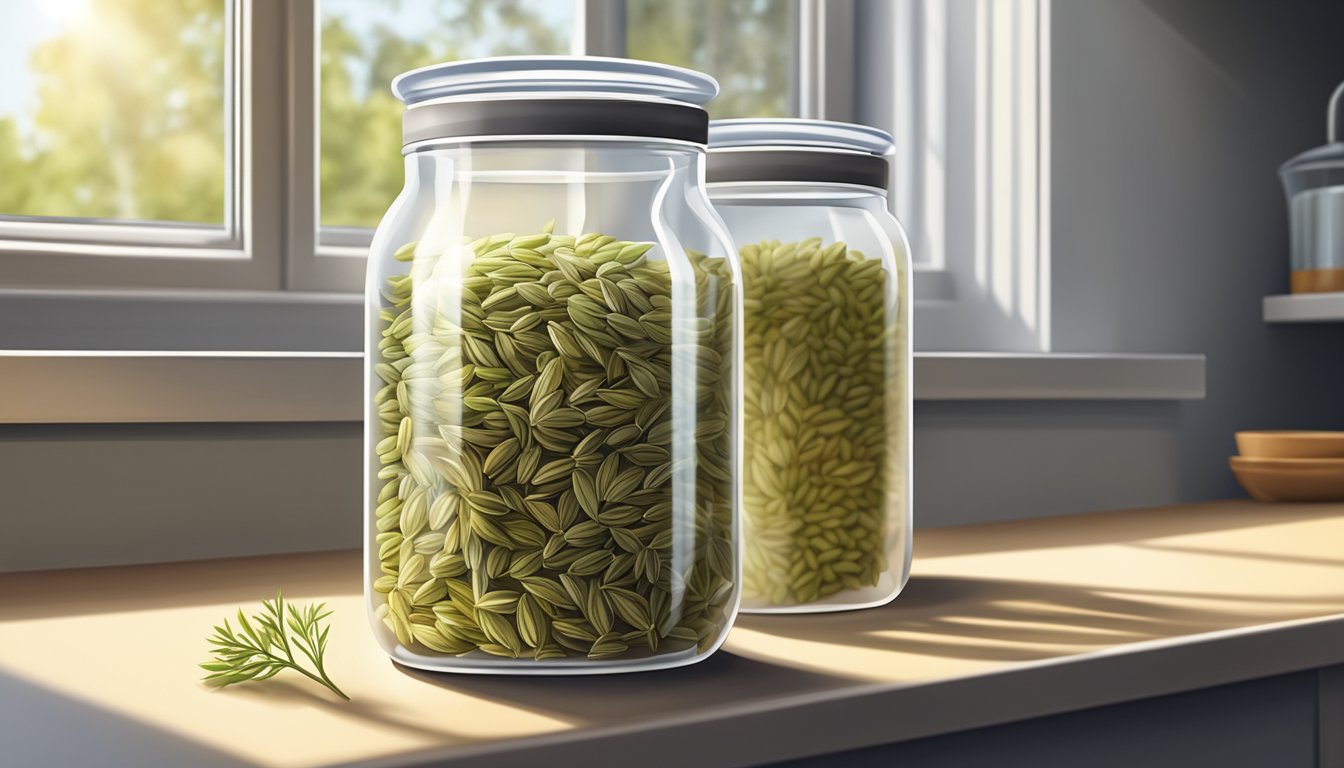 A glass jar filled with fennel seeds, placed on a kitchen counter next to a window with sunlight streaming in