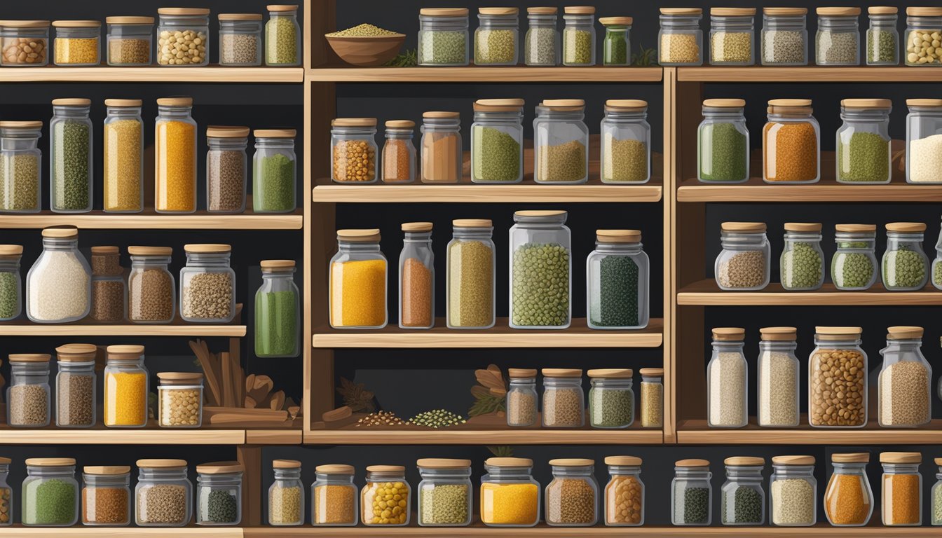 A glass jar of fennel seeds sits on a wooden shelf, surrounded by other neatly organized spice containers