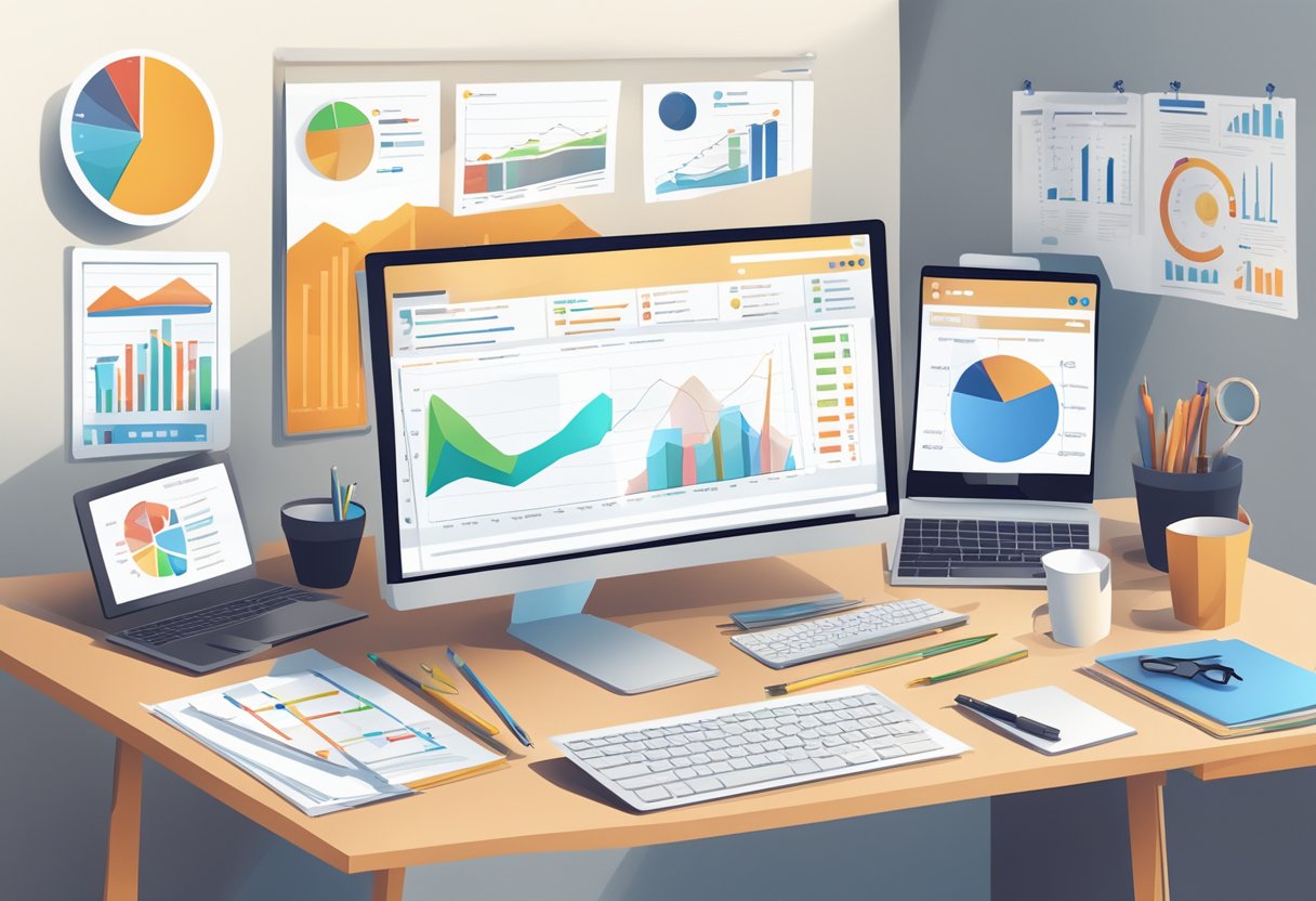 Stôl s počítačom, notebookom a rôznymi nástrojmi a analytikou SEO rozloženými okolo, obklopený grafmi a diagramami