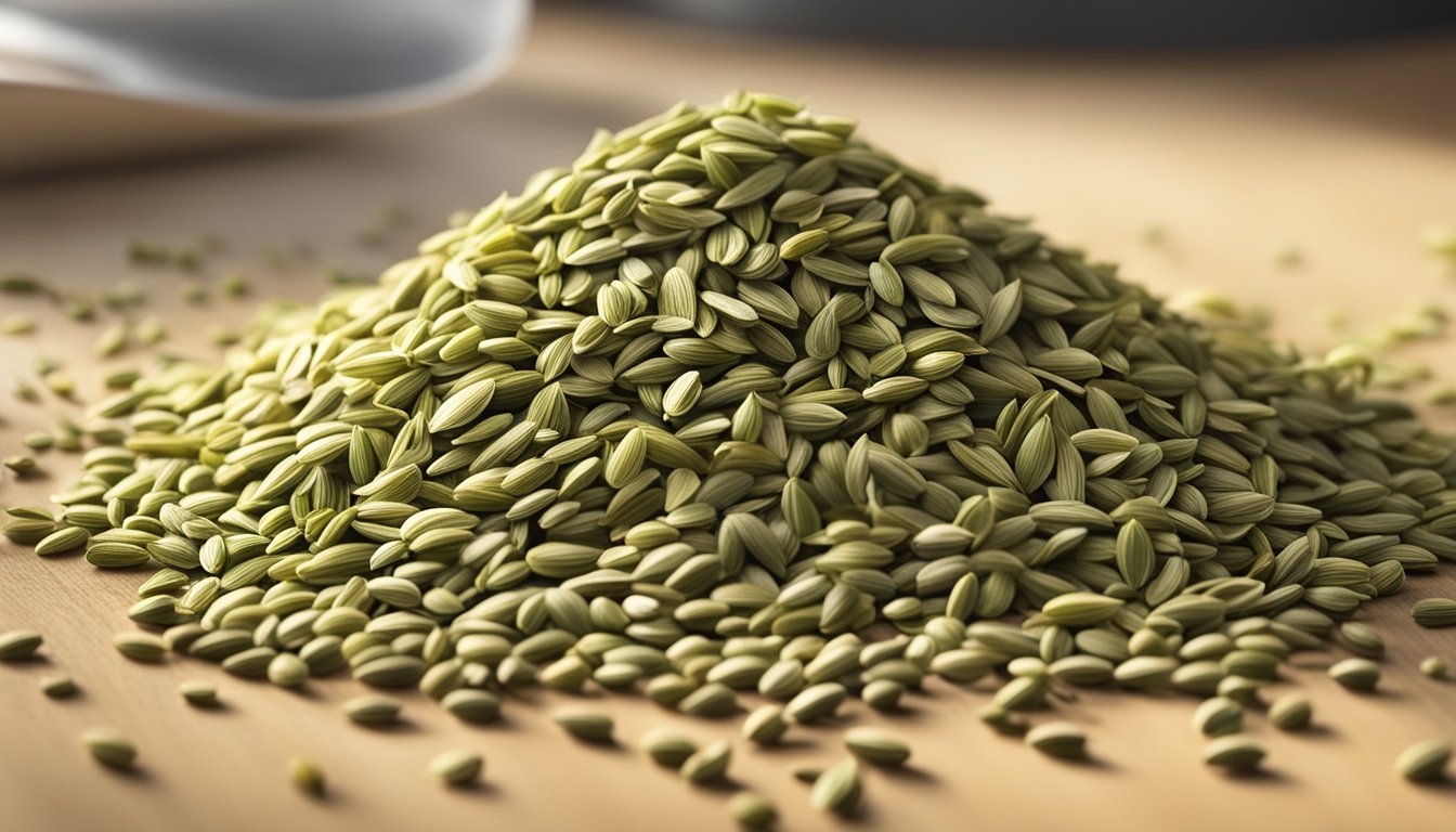 A pile of fennel seeds scattered on a kitchen counter, some seeds showing signs of mold and discoloration