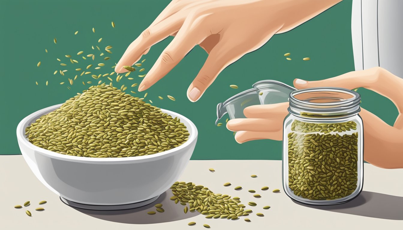 A hand sprinkles fennel seeds onto a dish, with a jar of seeds in the background