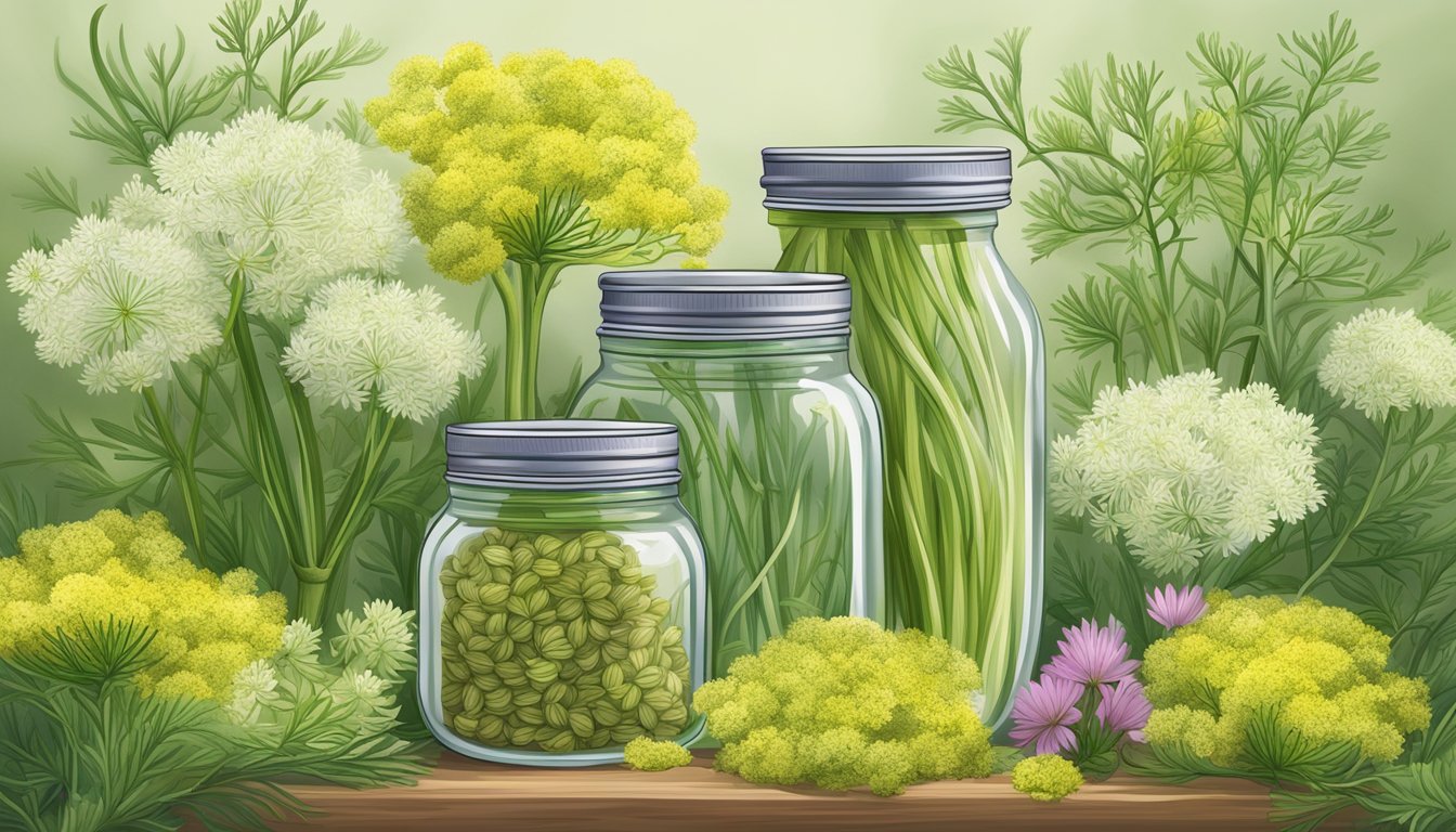 A jar of fennel seeds surrounded by fresh, vibrant fennel plants and blooming flowers