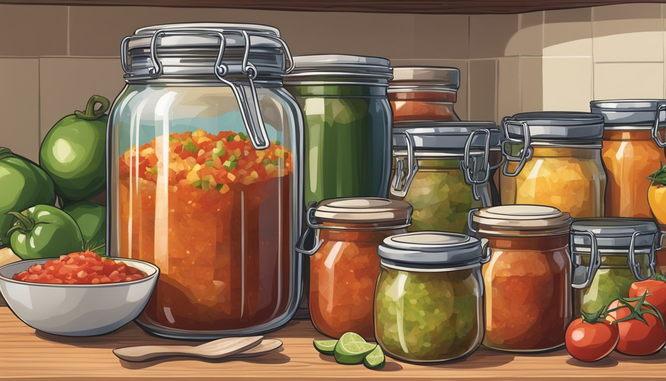 A jar of salsa sits open on a kitchen counter, surrounded by various types of salsa in different containers. Some are beginning to show signs of spoilage