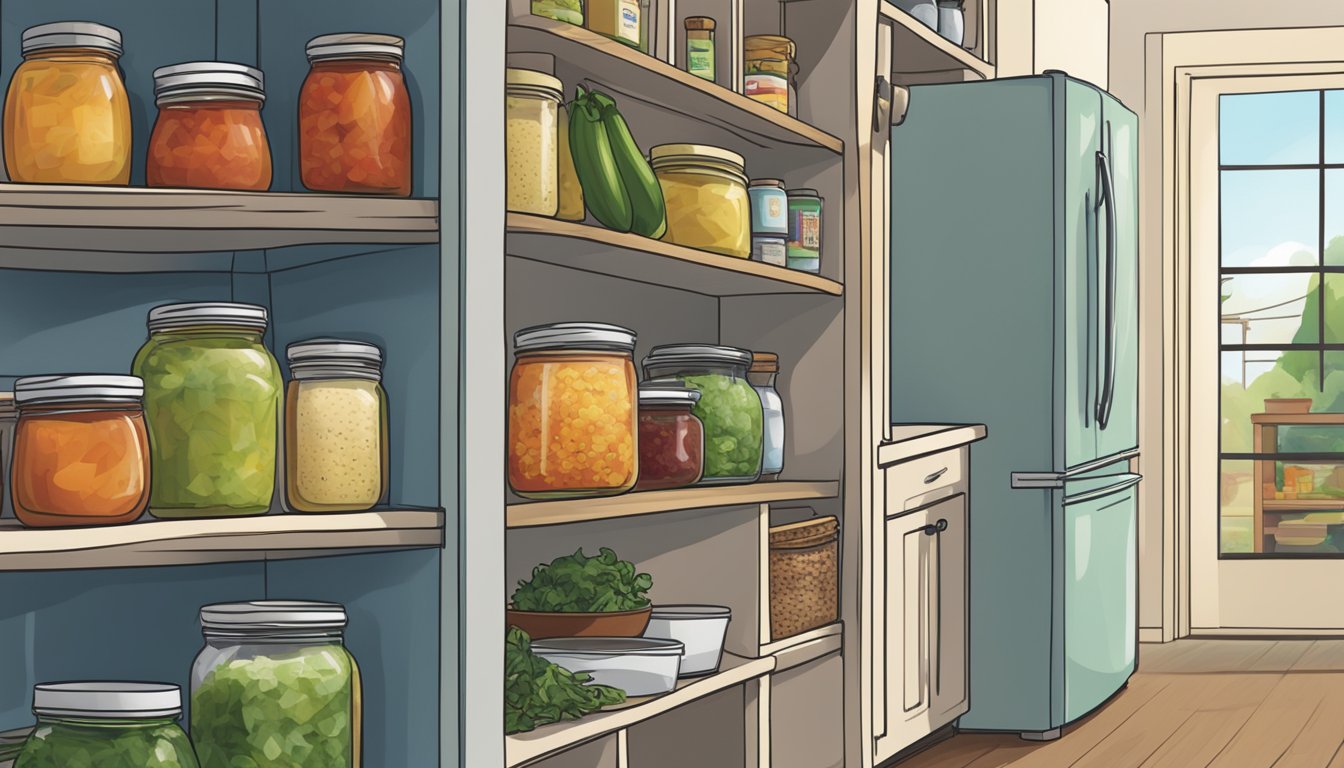 A jar of salsa sits on a shelf with a "best by" date. A fridge and pantry are nearby