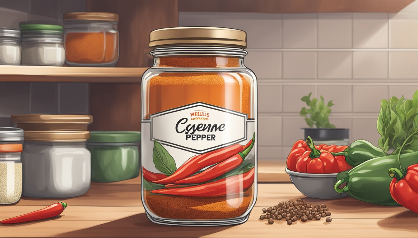 A jar of cayenne pepper sits on a clean, organized spice rack in a well-lit kitchen. The label is clear and the lid is tightly sealed