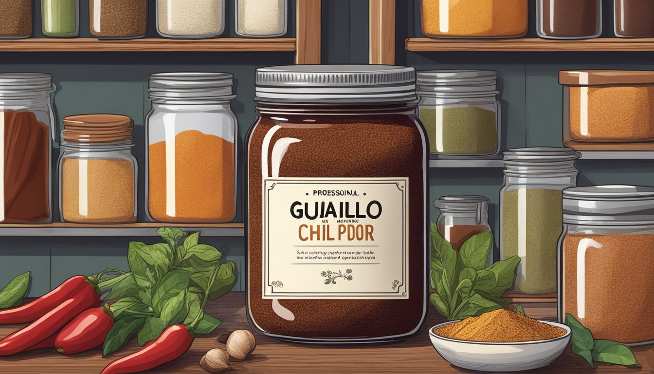 A jar of guajillo chili powder sits on a kitchen shelf, surrounded by various spices and ingredients. The label on the jar is faded, hinting at its age and potential expiration