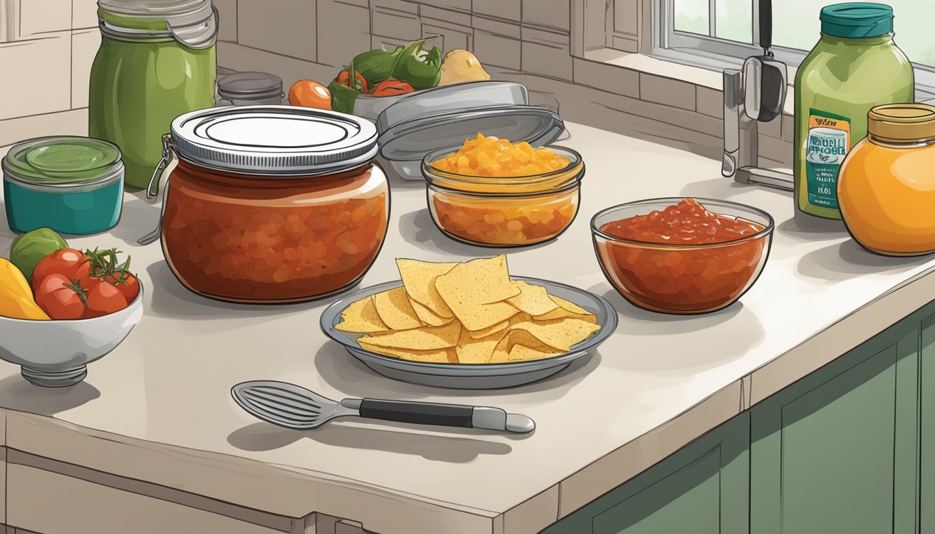 A jar of salsa sits on a kitchen counter, surrounded by various food items. The lid is slightly ajar, and there are no visible signs of mold or spoilage