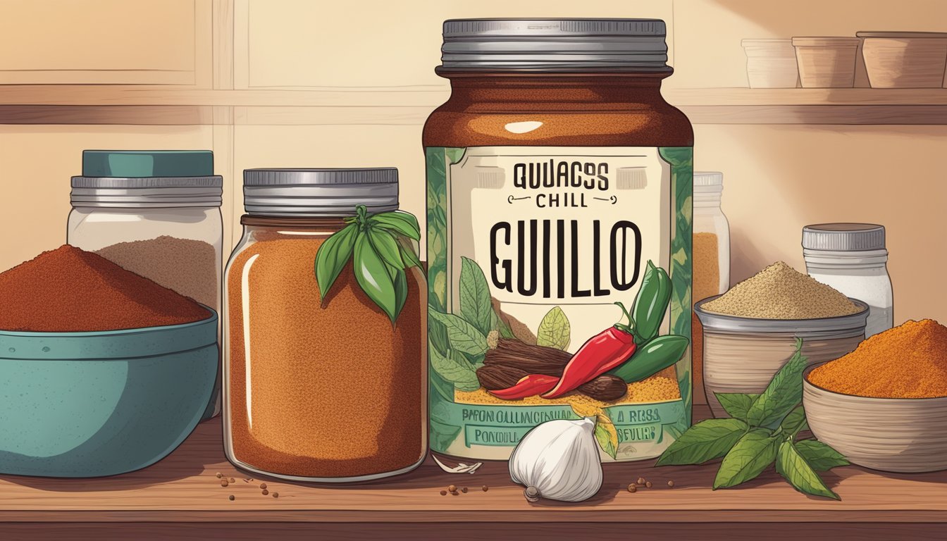 A jar of guajillo chili powder sits on a shelf, surrounded by other spices and ingredients. The label is faded but the powder inside looks vibrant and aromatic