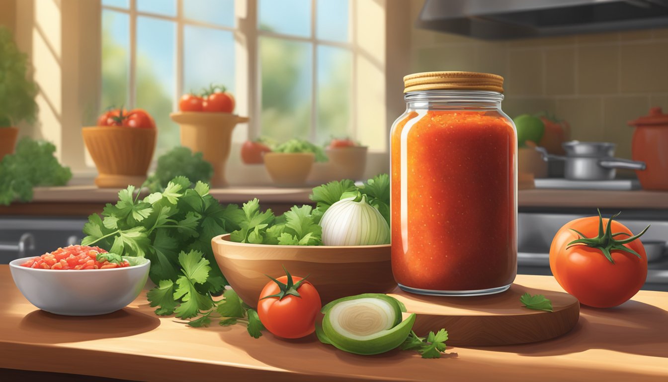 A jar of salsa sits on a kitchen counter, surrounded by vibrant, freshly chopped tomatoes, onions, and cilantro. A ray of sunlight highlights the colorful ingredients, emphasizing their freshness