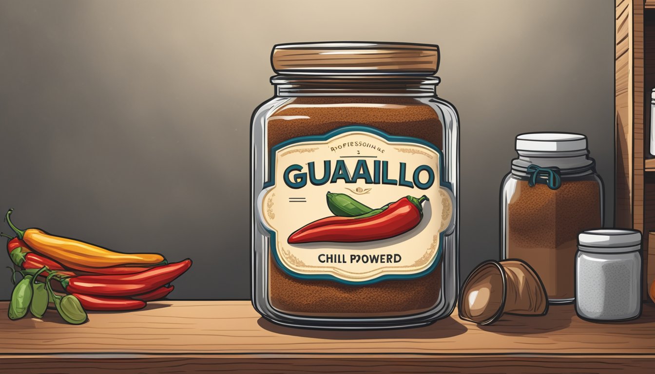 A sealed jar of guajillo chili powder stored in a cool, dark pantry with a label indicating the date of purchase