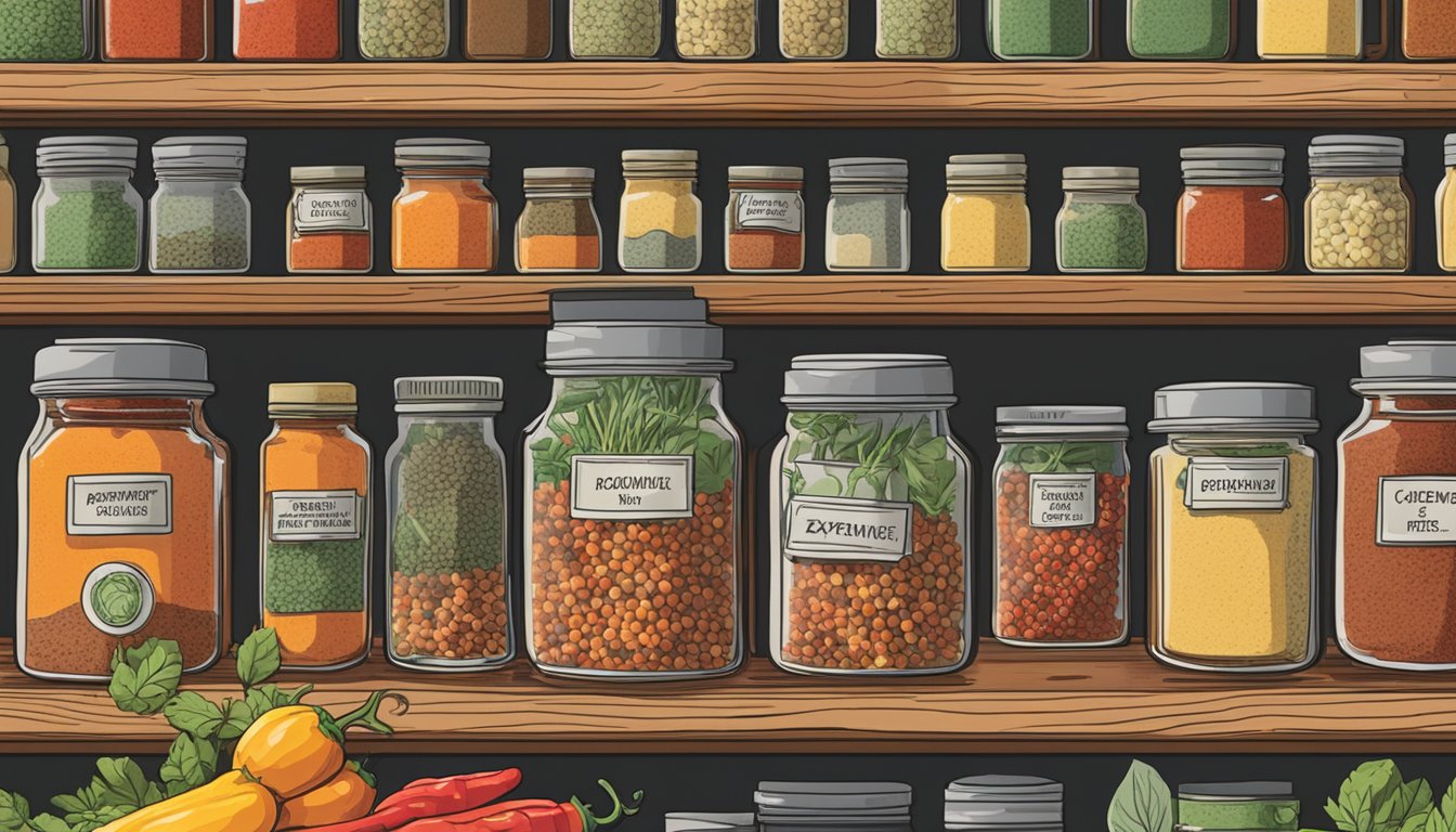 A jar of cayenne pepper sits on a spice rack, surrounded by other herbs and spices. The jar is labeled with the expiration date and a "best used by" recommendation