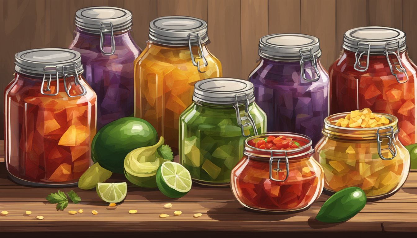 A variety of salsa jars arranged on a rustic wooden table, some open with chips scattered around, while others remain sealed with colorful labels