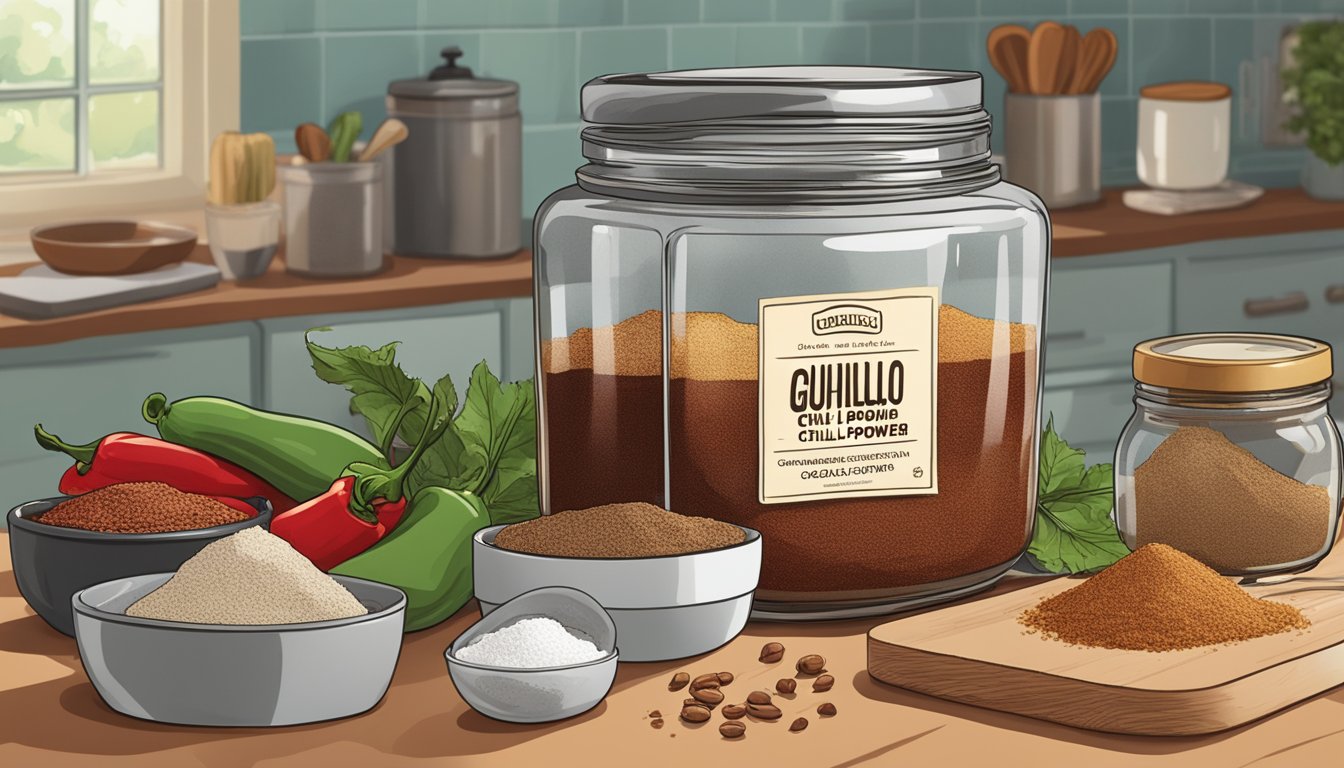 A jar of guajillo chili powder sits open on a kitchen counter, surrounded by various cooking ingredients. The powder inside appears clumpy and discolored