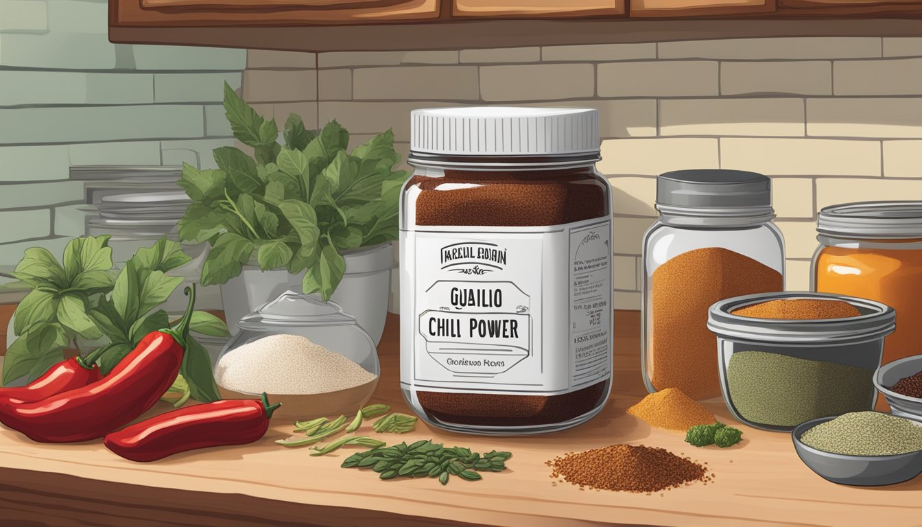 A jar of guajillo chili powder sits on a kitchen counter next to a variety of spices and herbs, with a label indicating the expiration date