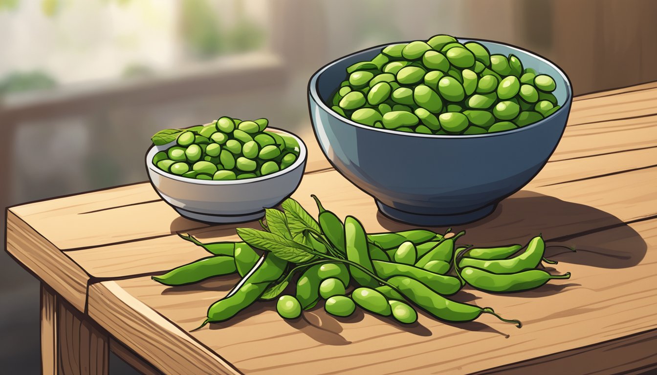 A bowl of edamame sits on a wooden table, surrounded by scattered pods. Some pods are open, revealing the bright green beans inside