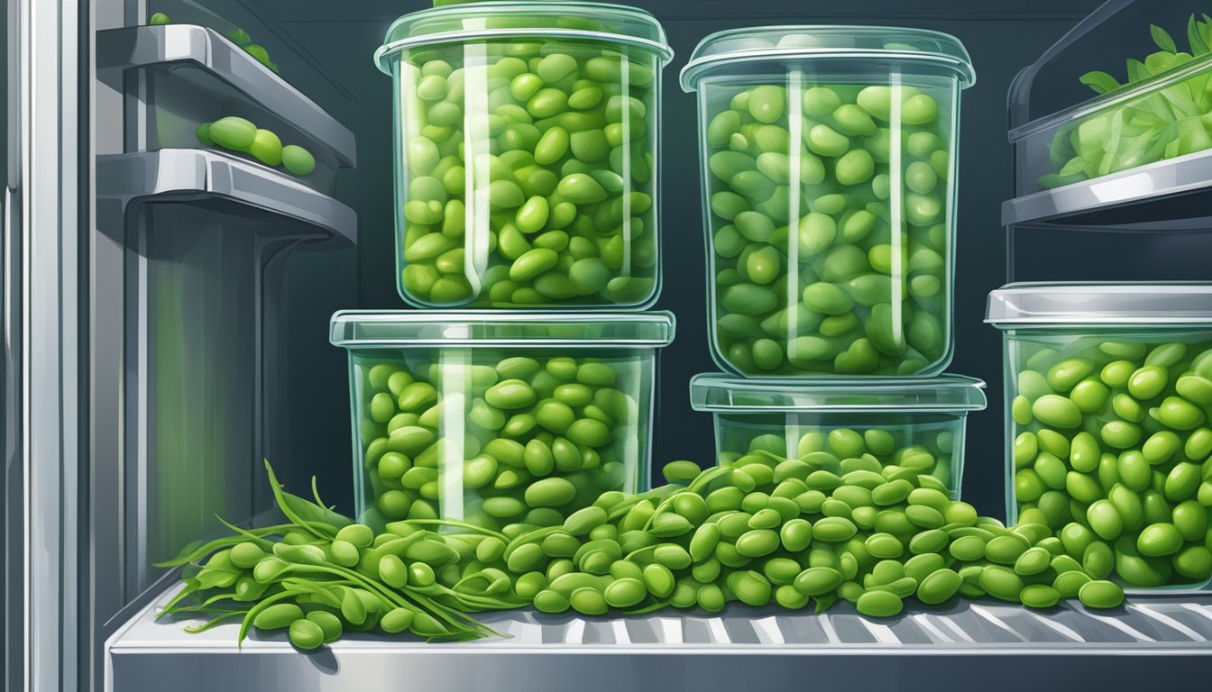 A clear, airtight container of fresh edamame sits in a refrigerator next to other vegetables. The edamame is vibrant green and unblemished